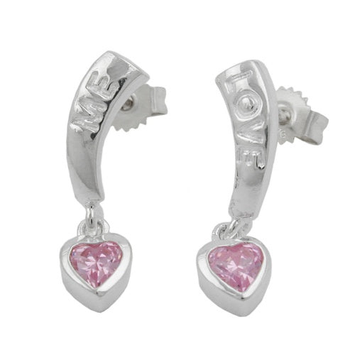 Ørestikker 20x5mm med hjerte Zirconia Pink og bogstaver LOVE ME Silver 925