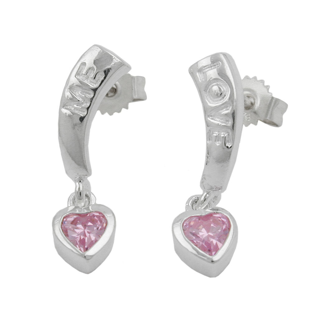 Ørestikker 20x5mm med hjerte Zirconia Pink og bogstaver LOVE ME Silver 925