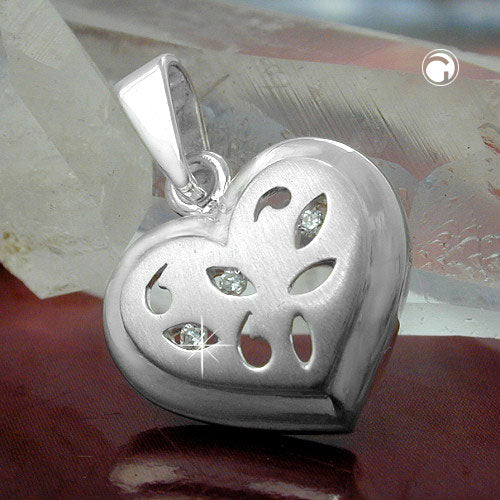 Vedhæng 14x14mm hjerte med 3 kubiske zirkonier Matt blank sølv 925