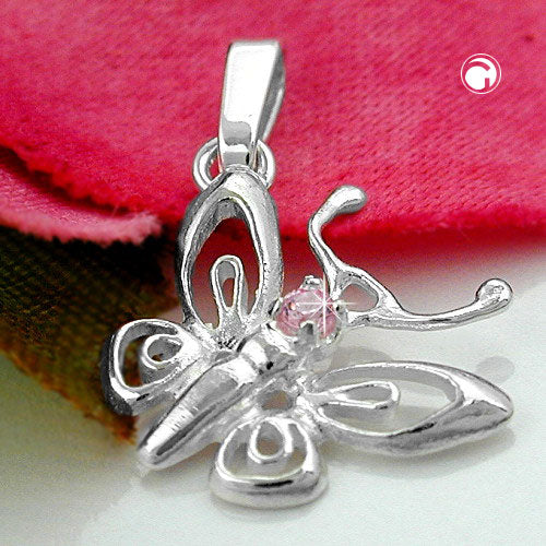 Pendler 14x13mm filigran sommerfugl med kubisk zirkonia Pink Sølv 925