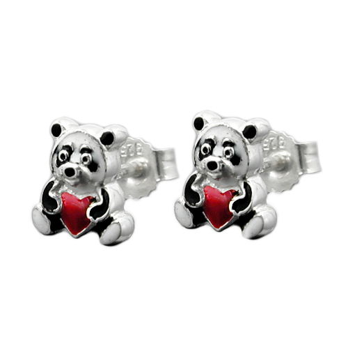 Ørestikker 7x6mm børneørering Panda Bjørn Farvet Lakeret Sølv 925