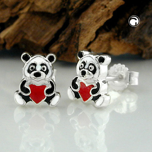 Ørestikker 7x6mm børneørering Panda Bjørn Farvet Lakeret Sølv 925