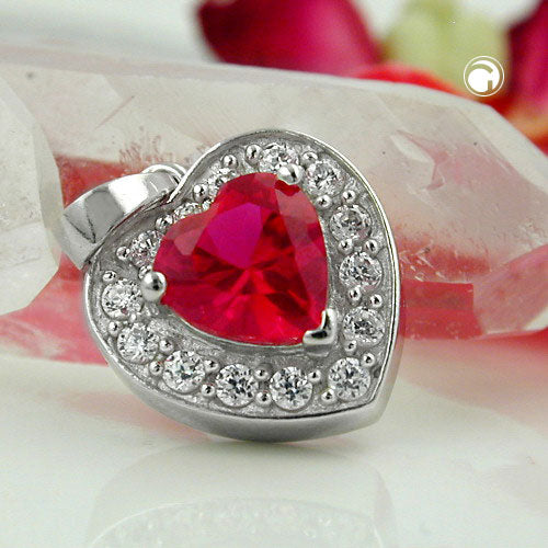 Sølvvedhæng hjerte med rød og hvide zirkonia, 14x13 mm