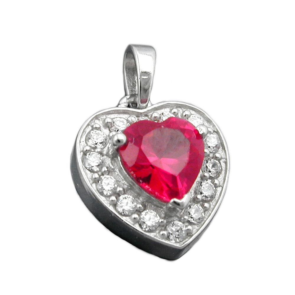 Sølvvedhæng hjerte med rød og hvide zirkonia, 14x13 mm