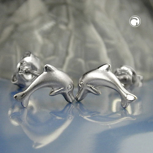 Ørestikker ørering 10x5mm springdelfin mat skinnende rhodiumbelagt sølv 925