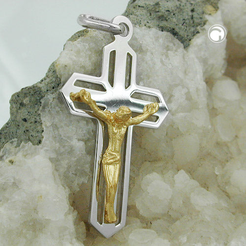 Vedhæng 38x23mm Kors Jesus bicolor, skinnende sølv 925