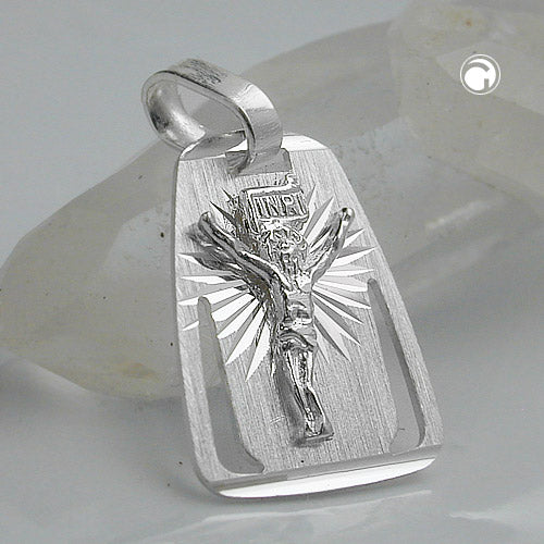 Vedhæng 18x13mm plade med Jesus mat blank diamant sølv 925