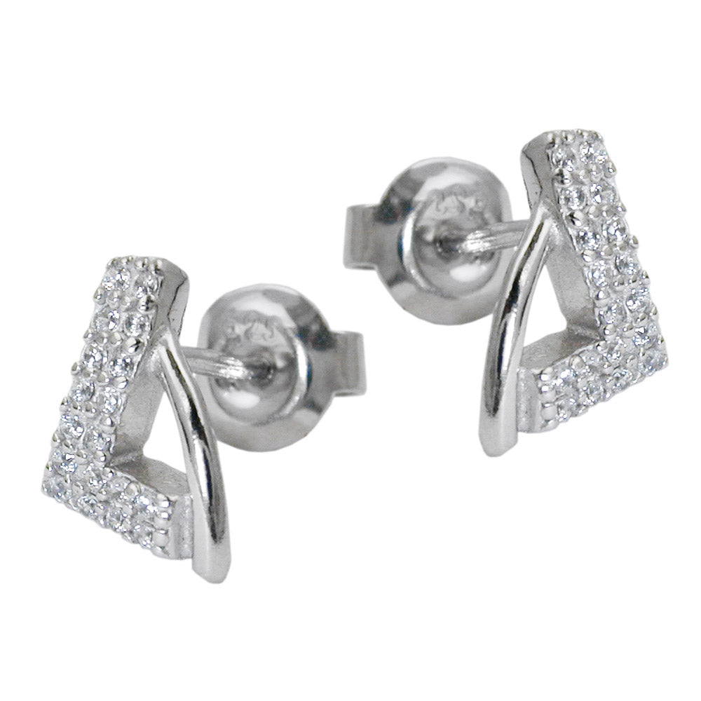 Ørestikker 12x7mm trekant med mange kubiske zirkoniaer rhodiumbelagt sølv 925