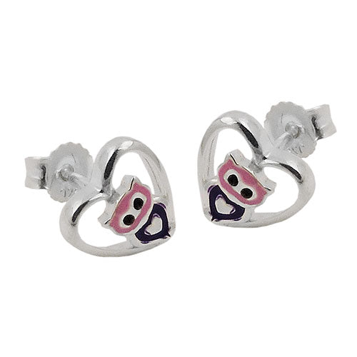 Stud Earring 8mm Lille Ugle i Hjerte Lilla Pink Skinnende Sølv 925