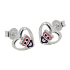 Stud Earring 8mm Lille Ugle i Hjerte Lilla Pink Skinnende Sølv 925