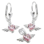 Sæt 13x8mm vedhæng og øreringe Hjerte Zirconia Pink med vinger Sølv 925