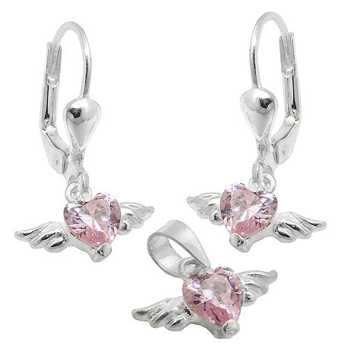 Sæt 13x8mm vedhæng og øreringe Hjerte Zirconia Pink med vinger Sølv 925