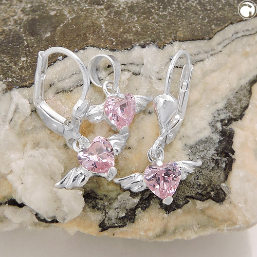 Sæt 13x8mm vedhæng og øreringe Hjerte Zirconia Pink med vinger Sølv 925