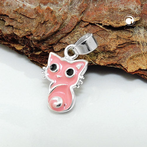 Vedhæng 11x8mm Cat Pink Sort Lakeret Sølv 925