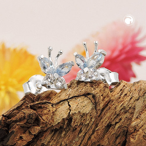 Ørestikker 7x6mm Butterfly Cubic Zirconia White og syntetisk akvamarin sølv 925