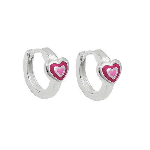 Hoop-øreringe 12x2mm hængselhjerte tofarvet lyserød lakeret, sølv 925