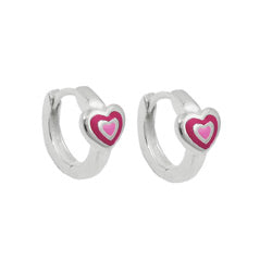 Hoop-øreringe 12x2mm hængselhjerte tofarvet lyserød lakeret, sølv 925