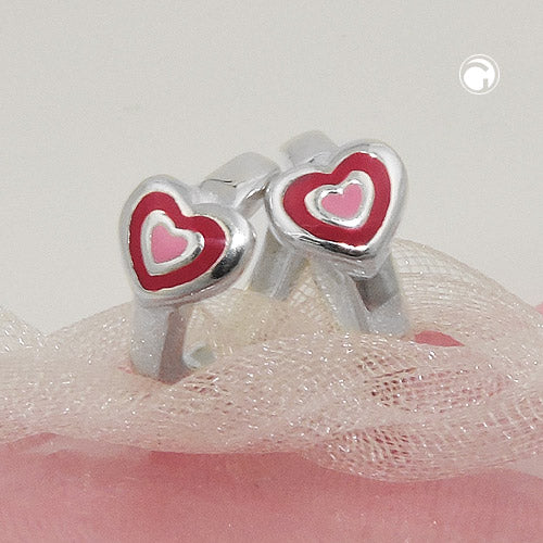 Hoop-øreringe 12x2mm hængselhjerte tofarvet lyserød lakeret, sølv 925