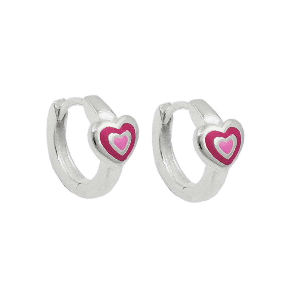 Hoop-øreringe 12x2mm hængselhjerte tofarvet lyserød lakeret, sølv 925