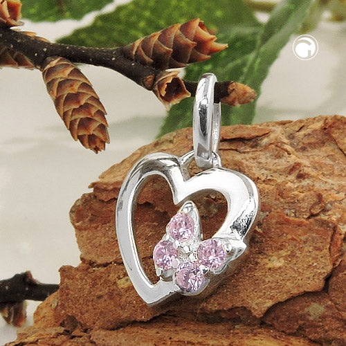 Vedhæng 10x9mm hjerte med sommerfugl Cubic Zirconias Pink Sølv 925