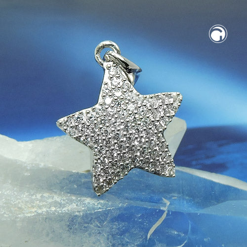 Hængende 13x13mm stjerne med mange kubiske zirkonier Rhodiumbelagt sølv 925