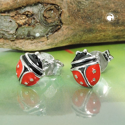 Ørestikker 7x6mm Ladybug rød-sort emaljeret sølv 925