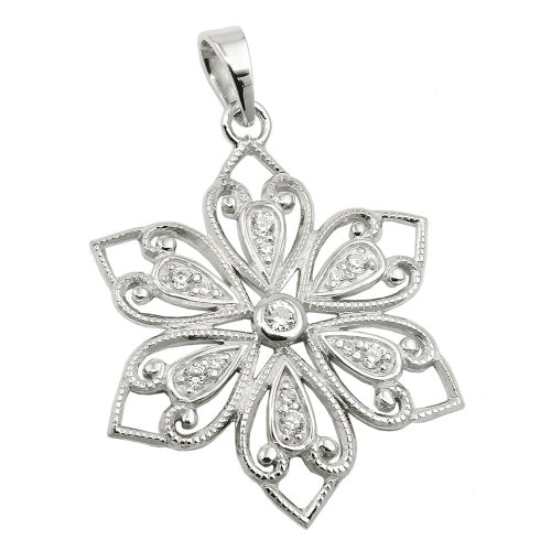 Hængende 24mm filigranblomst med zirkoniaer skinnende rhodiumbelagt sølv 925