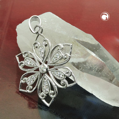 Hængende 24mm filigranblomst med zirkoniaer skinnende rhodiumbelagt sølv 925