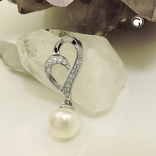 Vedhæng 27x11mm kulturperle med zirkoniaer skinnende rhodiumbelagt sølv 925