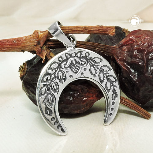 Vedhæng 17x18mm halvmåne med blomster skærpet sølv 925