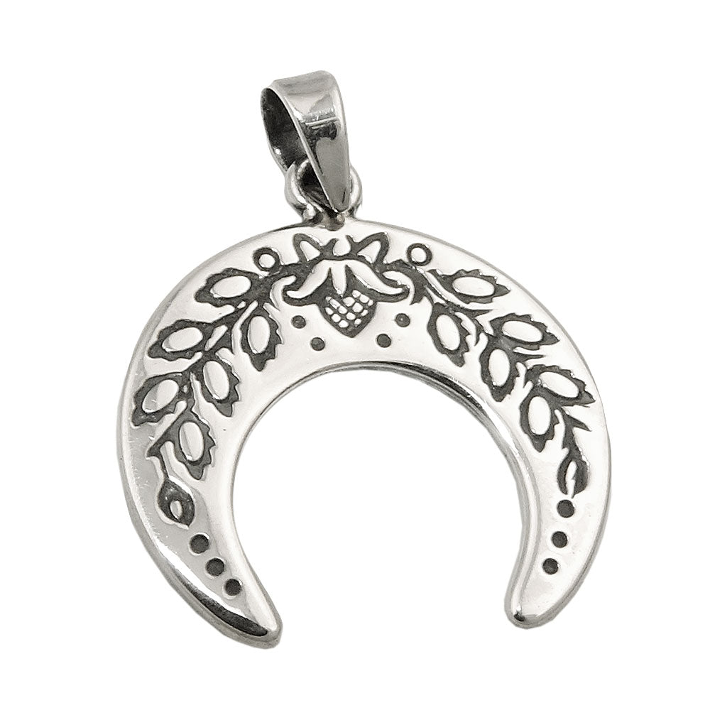 Vedhæng 17x18mm halvmåne med blomster skærpet sølv 925