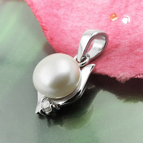 Vedhæng 11x7 mm saltvandskulturperle med zirkonia rhodiumbelagt sølv 925 Sølv 925