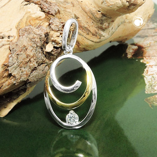 Vedhæng 19x13mm oval bicolor med zirkonia sølv 925