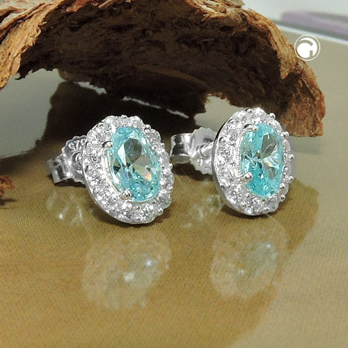 Ørestik 9x7mm Cubic Zirconias Hvid og Lyseblå Sølv 925