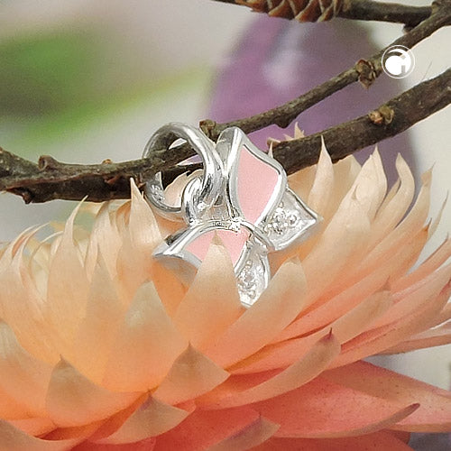 Pendel 7x8mm Butterfly Pink Lakeret med Cubic Zirconia Sølv 925