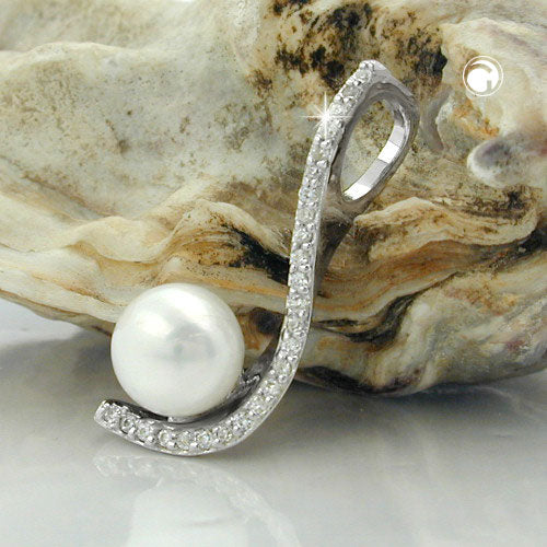 Hængende 25x10mm kubiske zirkonier og kultiveret perle-rhodiumbelagt sølv 925