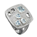 Ring 18 mm firkantede zirkoniaer aqua hvid skinnende rhodiumbelagt sølv 925