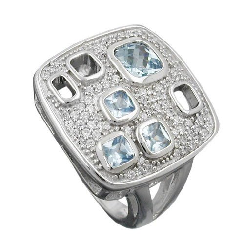 Ring 18 mm firkantede zirkoniaer aqua hvid skinnende rhodiumbelagt sølv 925