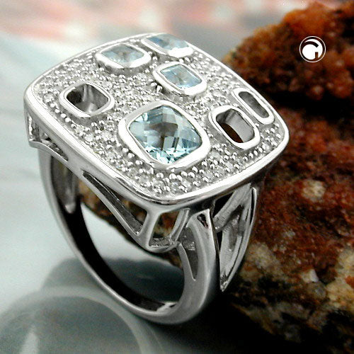 Ring 18 mm firkantede zirkoniaer aqua hvid skinnende rhodiumbelagt sølv 925