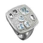 Ring 18 mm firkantede zirkoniaer aqua hvid skinnende rhodiumbelagt sølv 925