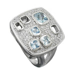 Ring 18 mm firkantede zirkoniaer aqua hvid skinnende rhodiumbelagt sølv 925