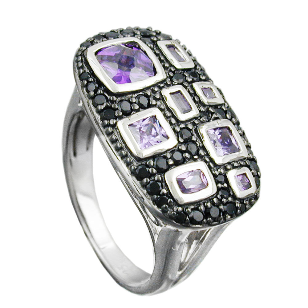 Ring 13x22mm med zirkoniaer lilla-sort, skinnende rhodiumbelagt sølv 925