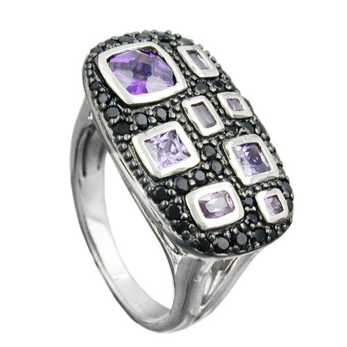 Ring 13x22mm med zirkoniaer lilla-sort, skinnende rhodiumbelagt sølv 925