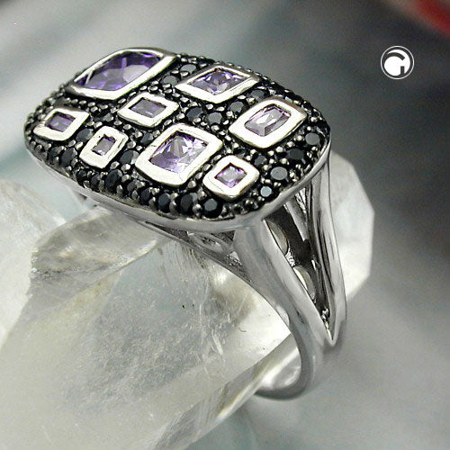 Ring 13x22mm med zirkoniaer lilla-sort, skinnende rhodiumbelagt sølv 925