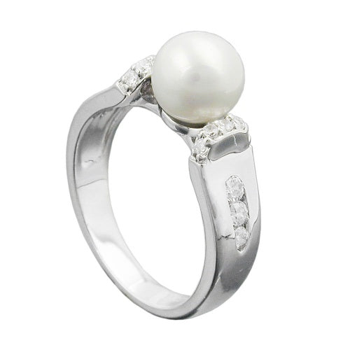 Ring med 7 mm kultiveret perle og mange zirkonia-rhodiumbelagt sølv 925
