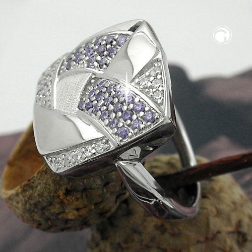 Ring 16x16mm med zirkoniaer lilla-hvid, matt-skinnende rhodiumbelagt sølv 925