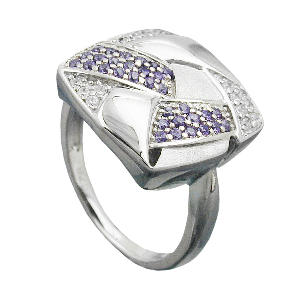 Ring 16x16mm med zirkoniaer lilla-hvid, matt-skinnende rhodiumbelagt sølv 925