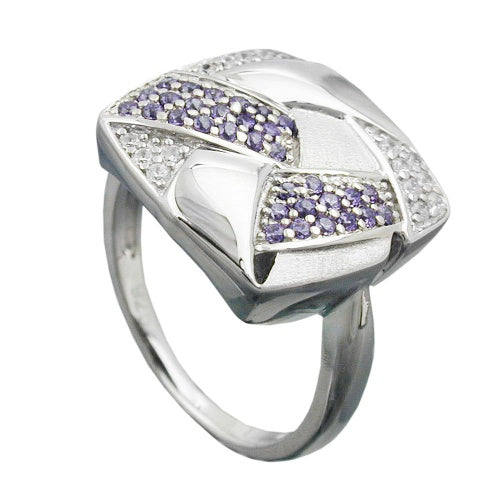 Ring 16x16mm med zirkoniaer lilla-hvid, matt-skinnende rhodiumbelagt sølv 925