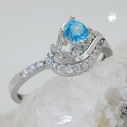 Ring 10mm zirkonia aqua og hvid skinnende rhodiumbelagt sølv 925 ring størrelse 58