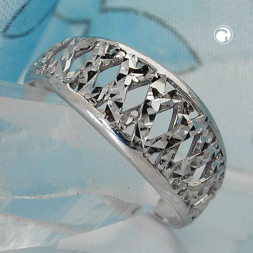 Ring 9mm mønster Stanset Skinnende Diamant Rhodium Sølvbelagt 925